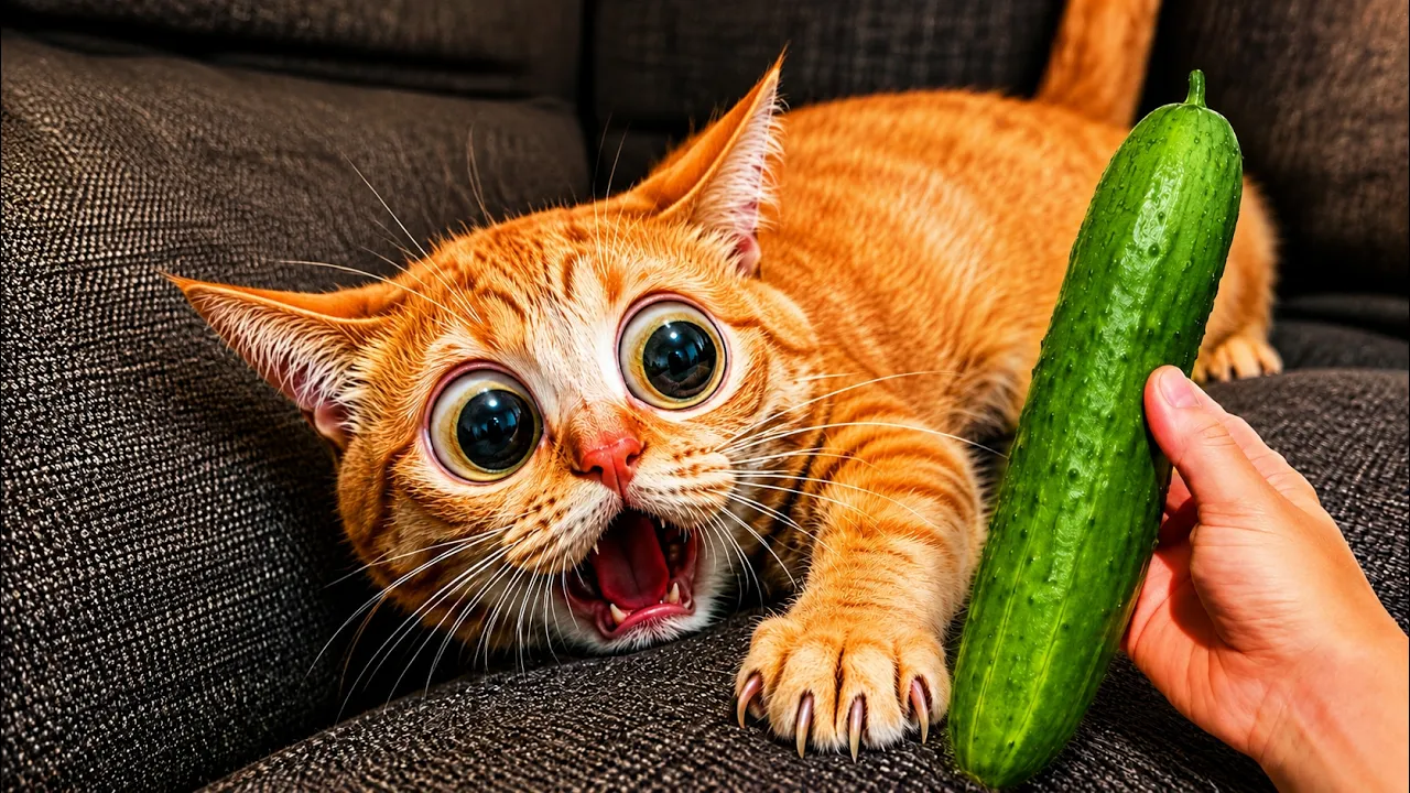 Кот увидел огурец и... 😂 Реакция, от которой невозможно удержаться!